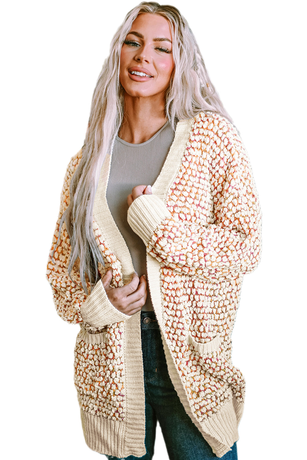 Multicolour Abstract Printed Bishop Sleeve Open Front Cardigan