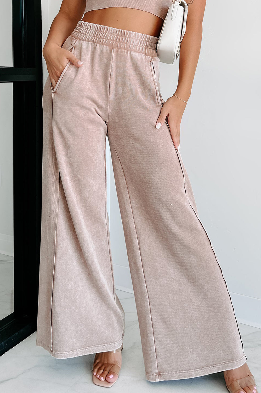 Pale Chestnut Mineral Wash Smocked Waistband Wide Leg Pants