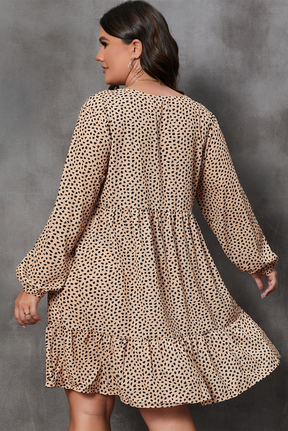Brown Leopard Spotted Print Tiered Long Sleeve Plus Size Dress