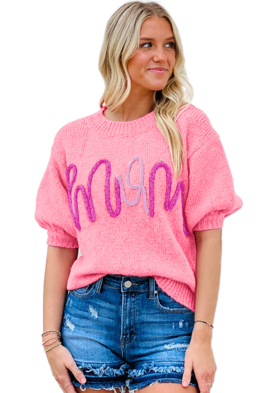 Bonbon Mom Tinsel Front Short Sleeve Sweater