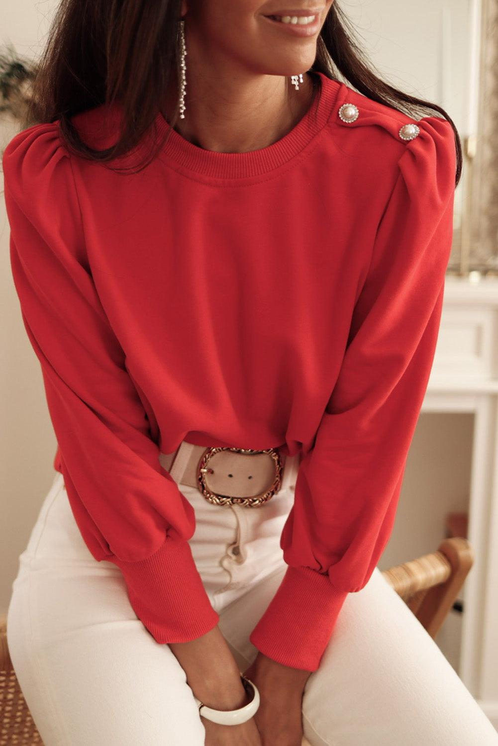 Fiery Red Button Tab Detail Long Sleeve Top