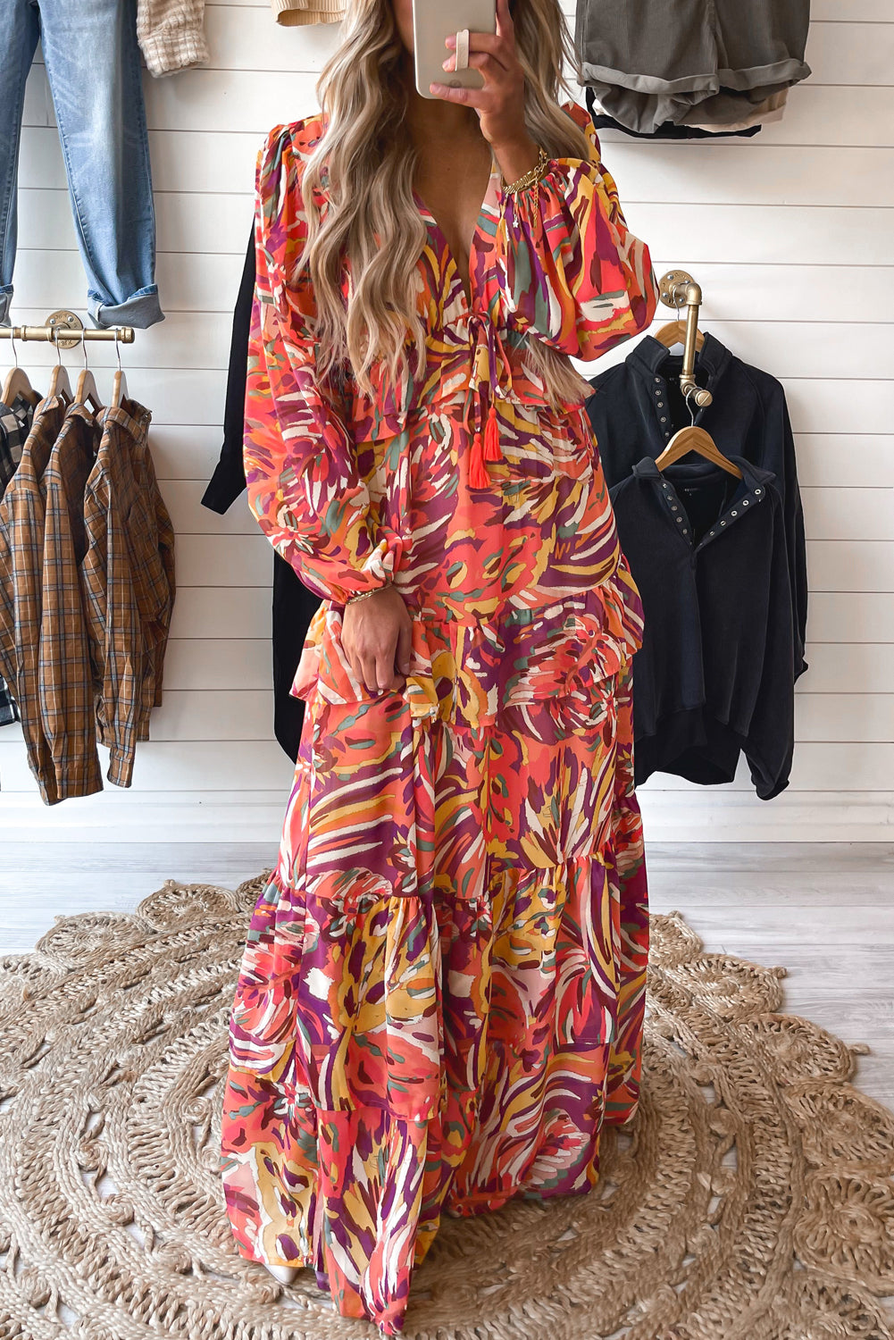 Multicolour Abstract Print Ruffle Tiered Puff Sleeve Maxi Dress