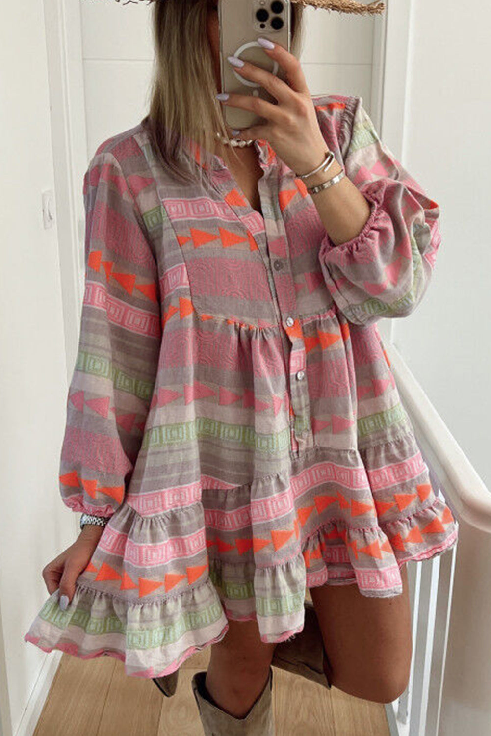 Multicolour Boho Print Puff Sleeve Buttoned Babydoll Dress