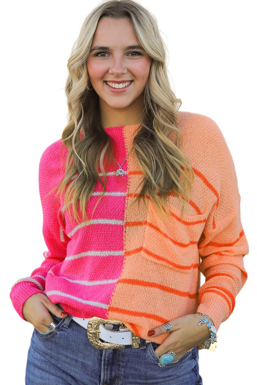 Multicolour Striped Color Block Loose Fit Knit Sweater