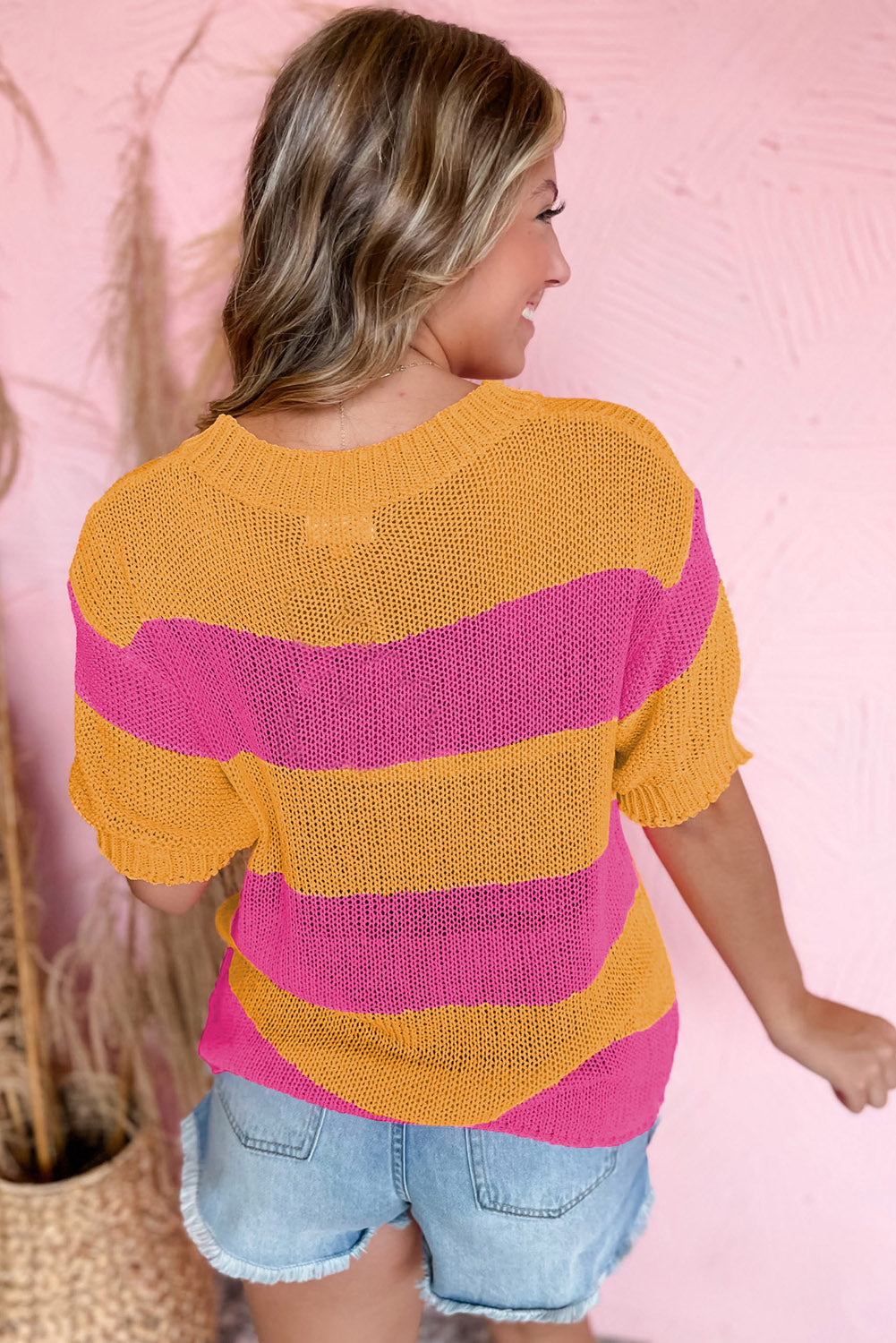 Orange Stripe Color Block Knitted T-shirt Sweater