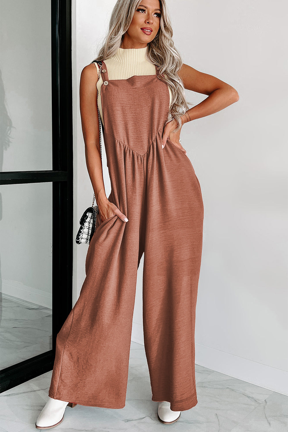 Gold Flame Textured Buttoned Straps Ruched Wide Leg Jumpsuit