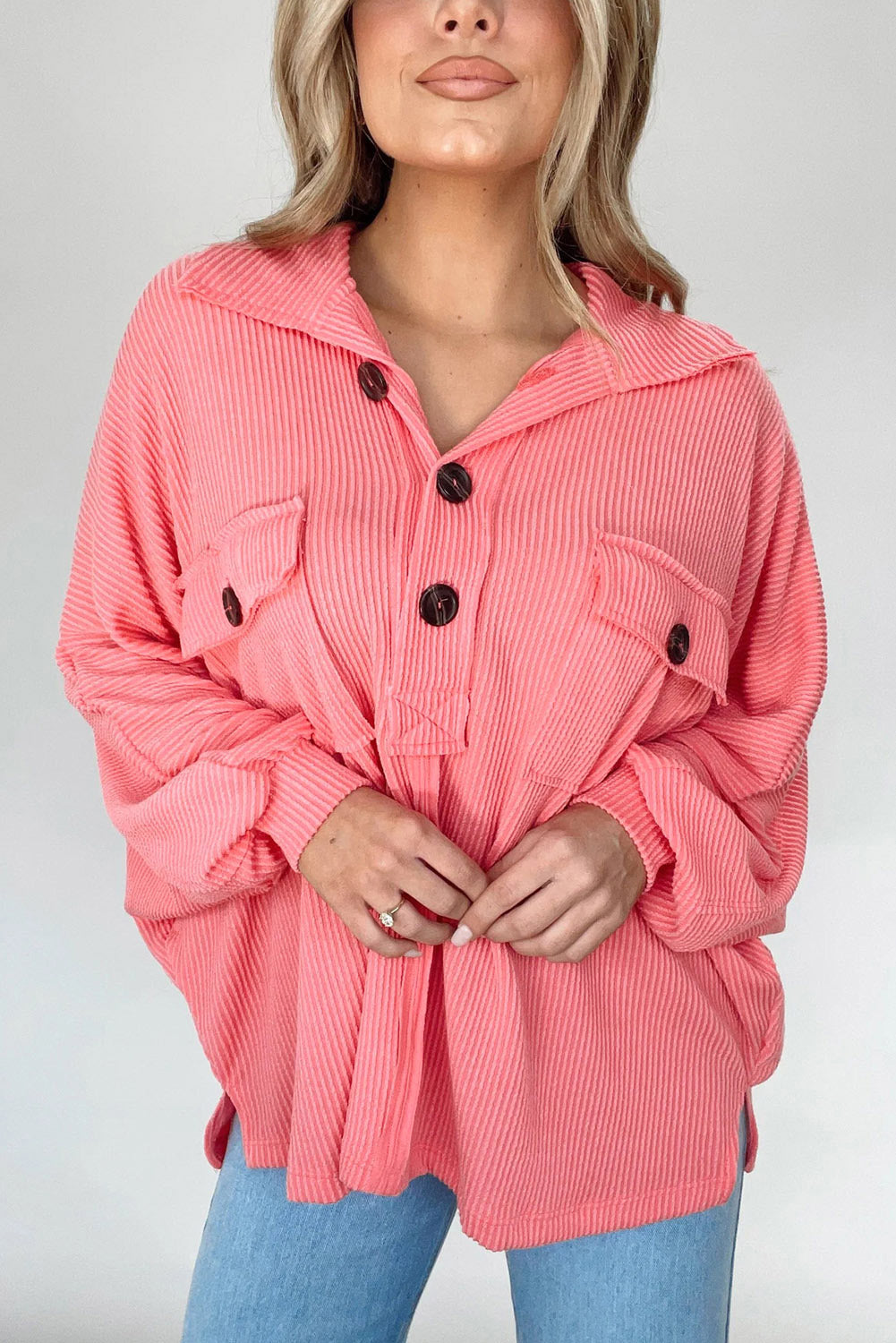 Pink Corded Flap Pocket Henley Top