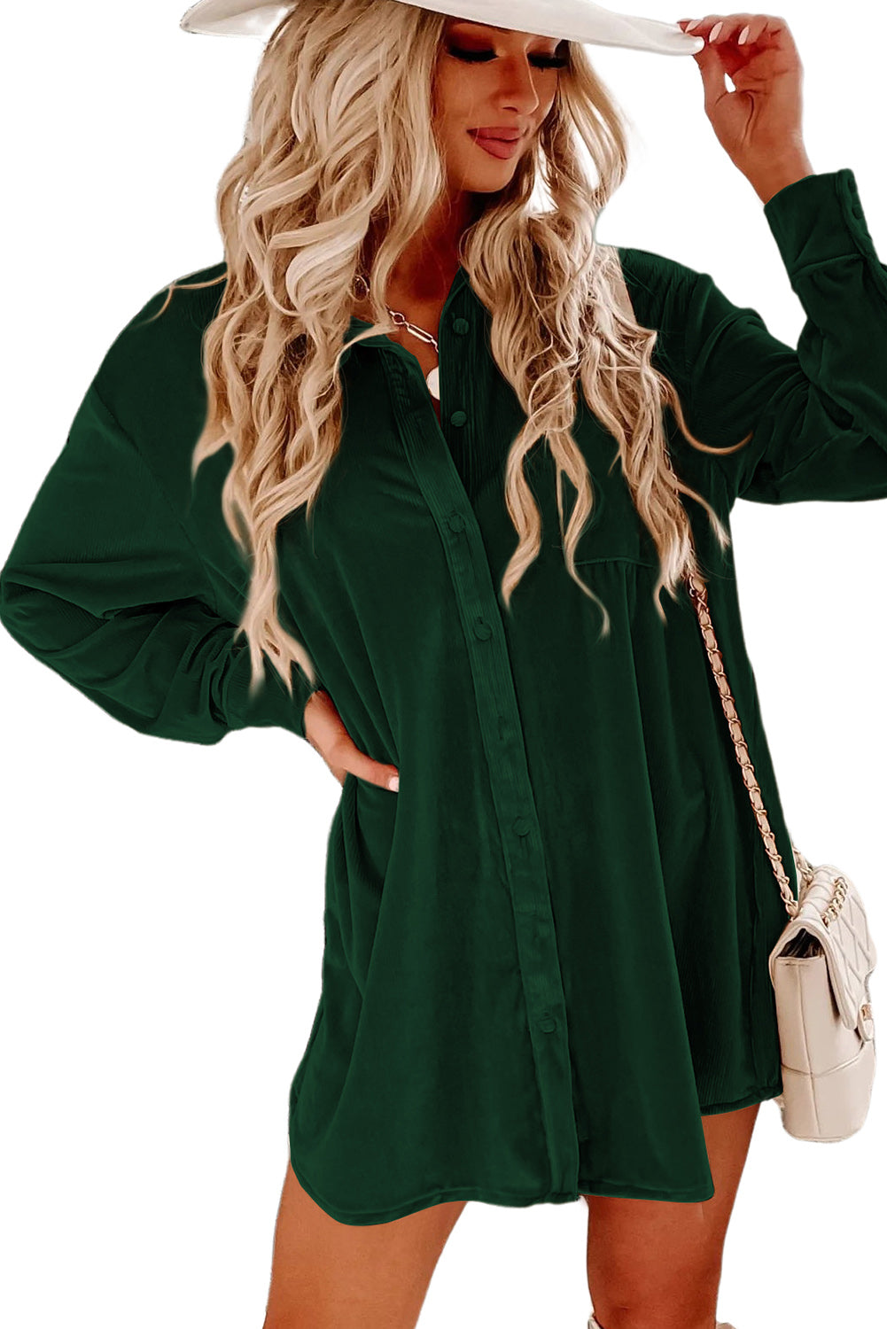 Blackish Green Velvet Button Front Shirt Mini Dress