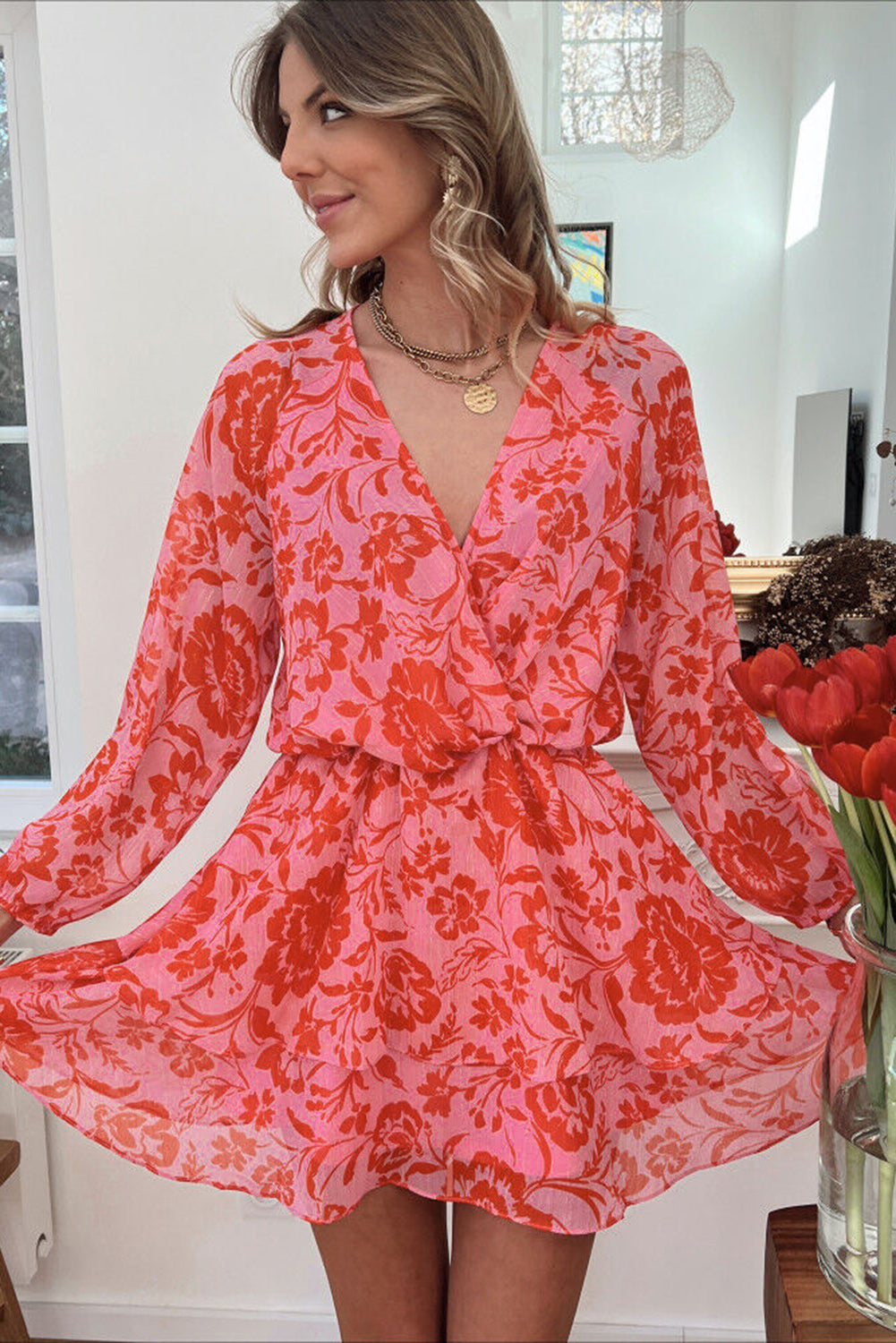 Fiery Red Floral Ruffle Layered Puff Sleeve Surplice Dress