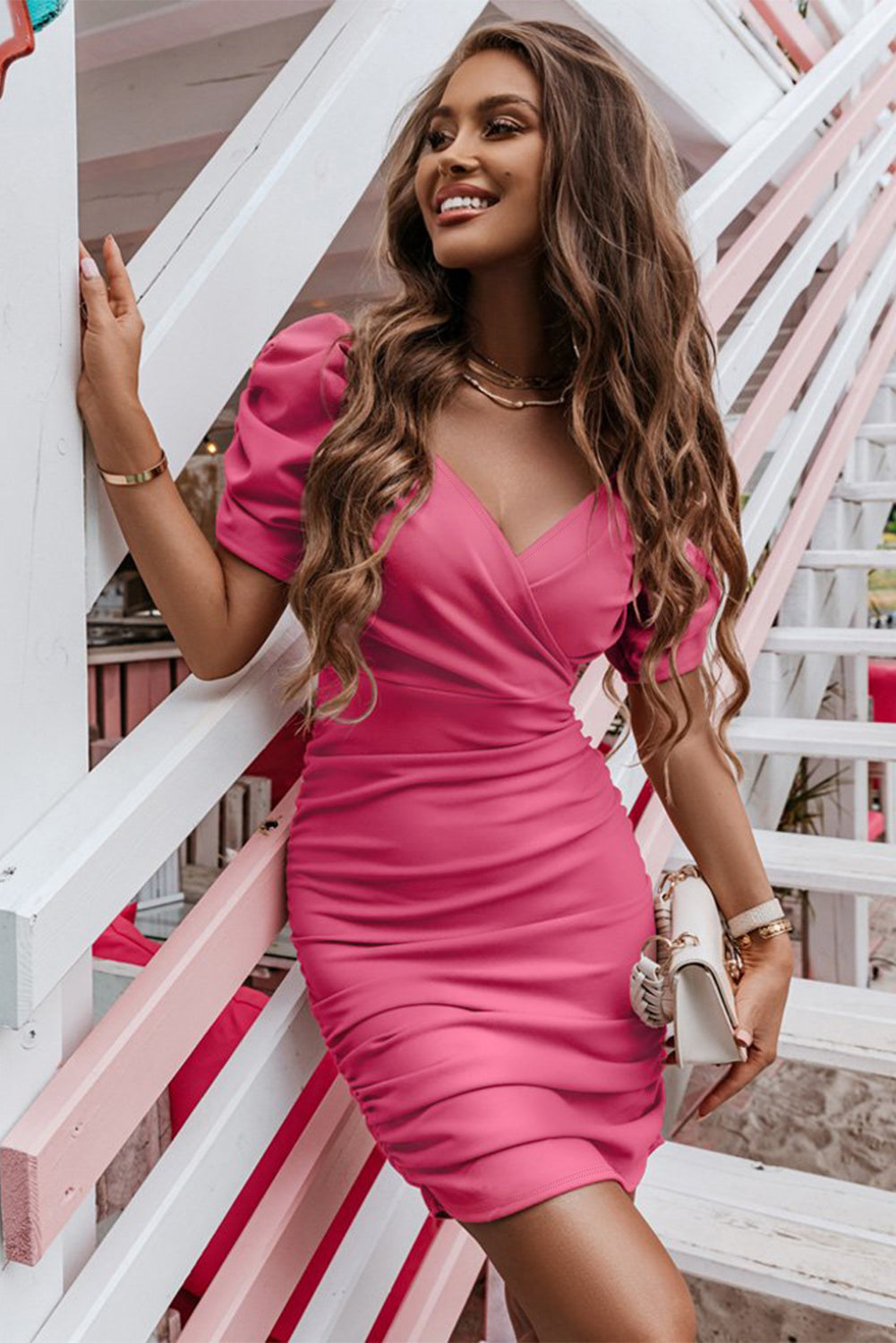 Rose Red V Neck Wrap Bubble Sleeved Ruched Bodycon Dress