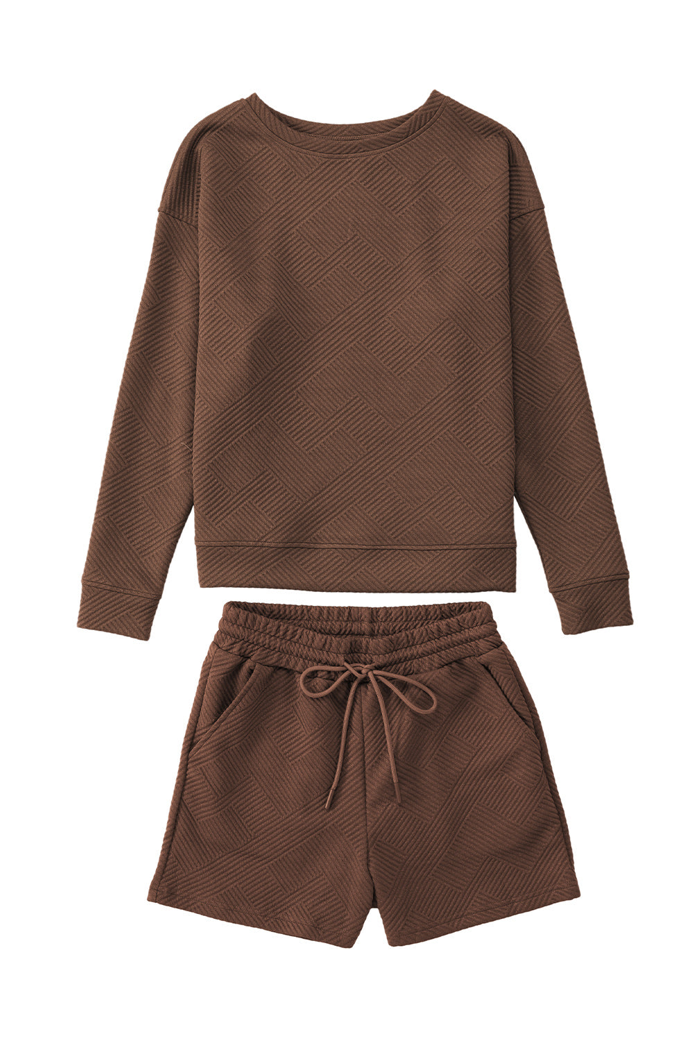 Brown Textured Long Sleeve Top and Drawstring Shorts Set