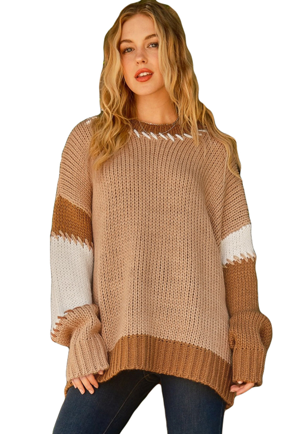 Light French Beige Color Block Contrast Stitch Oversized Sweater