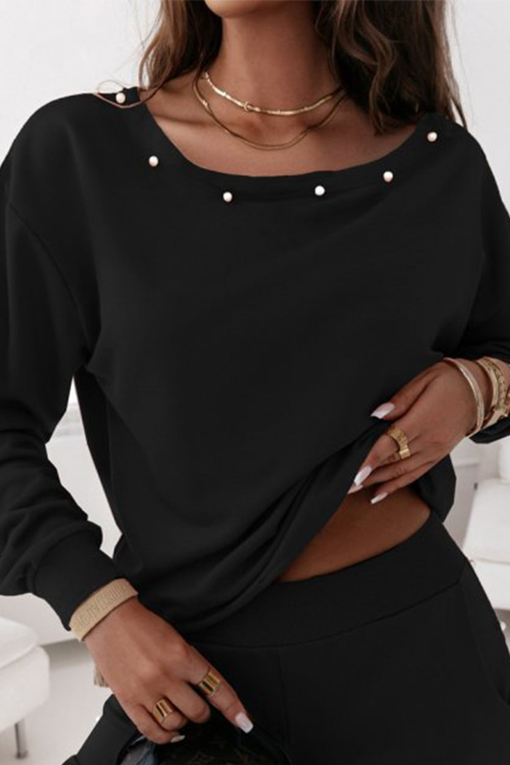 Black Beaded Decor Pullover and Jogger Pants Set