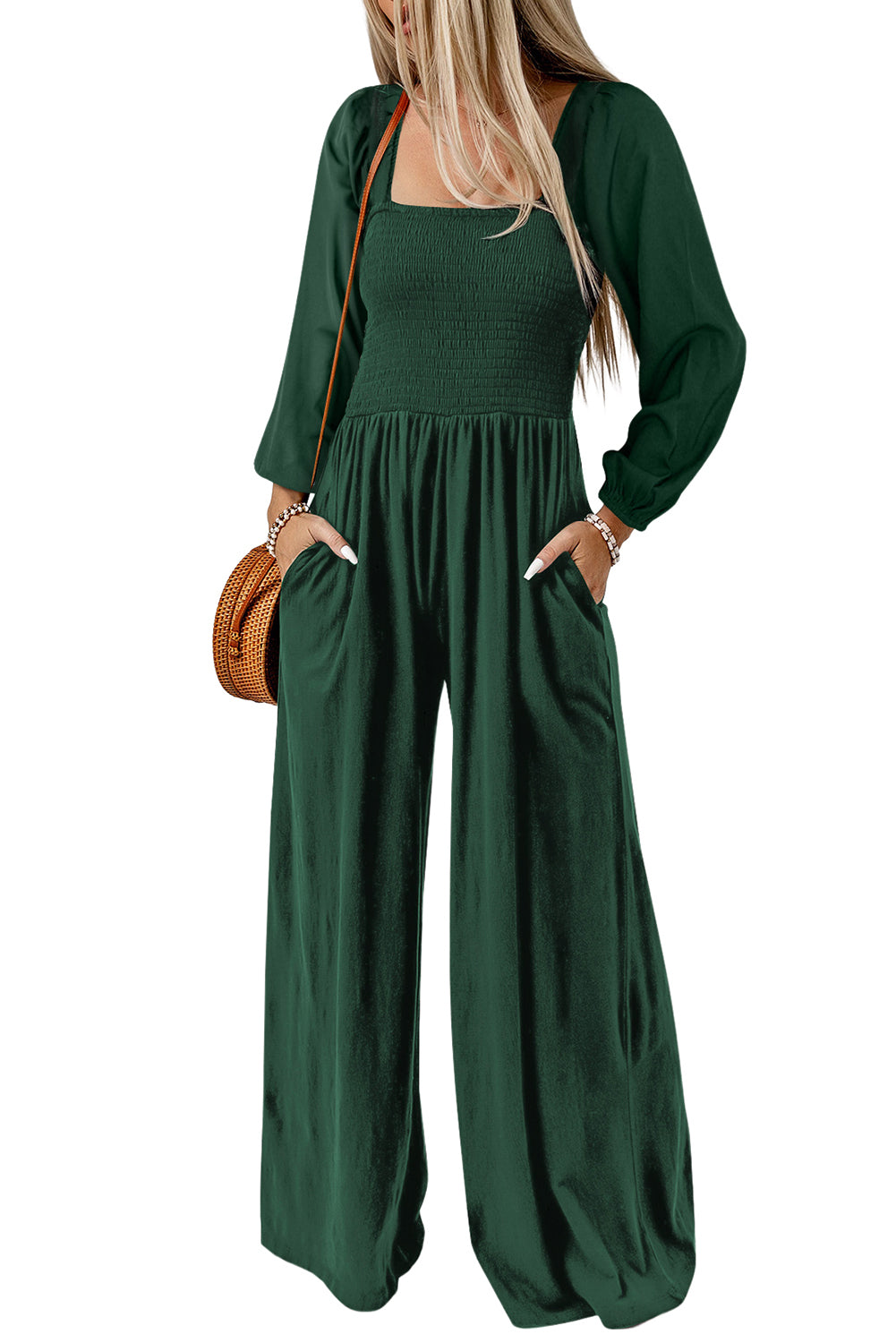 Green Smocked Square Neck Long Sleeve Wide Leg Jumpsuit