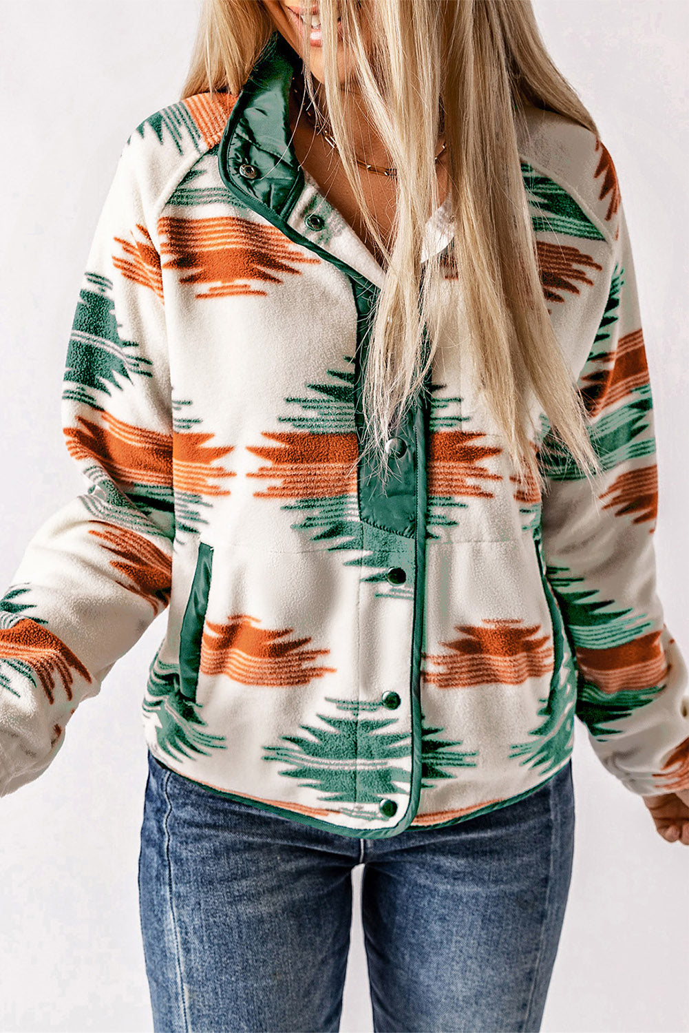 Multicolour Western Aztec Snap Buttoned Fleece Jacket