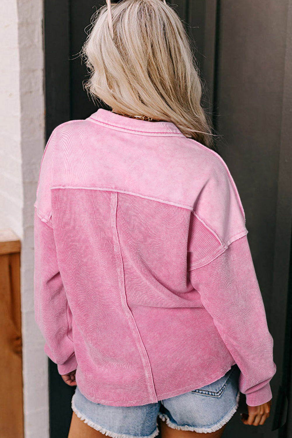 Bright Pink Waffle Exposed Seam Pocket Henley Sweatshirt