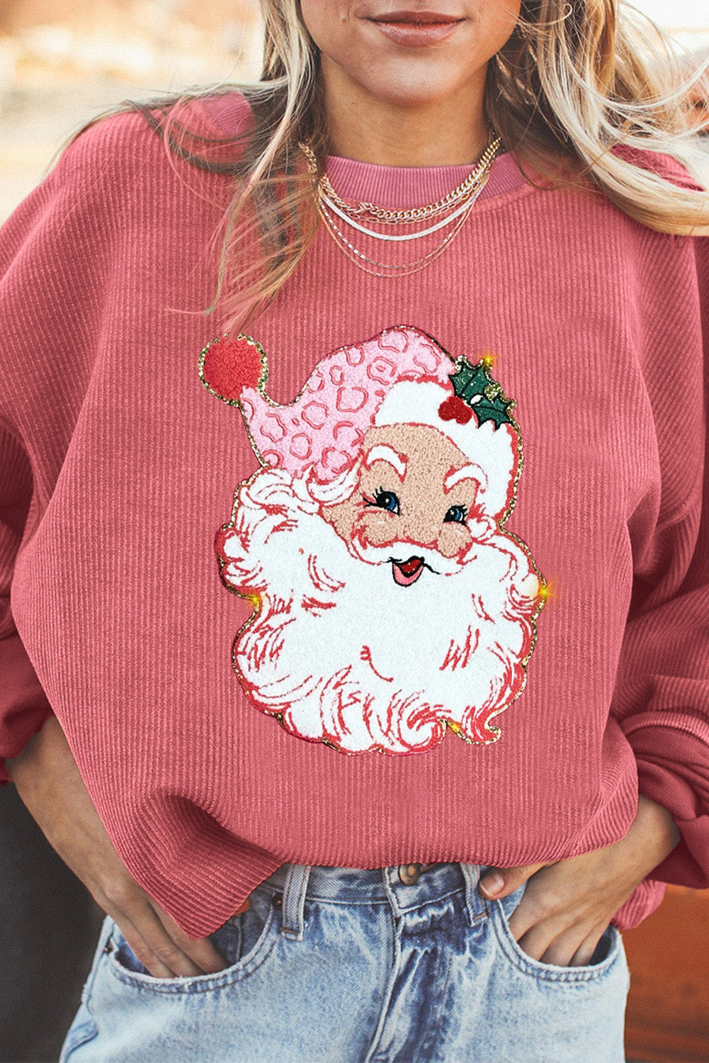 Strawberry Pink Santa Claus Sparkle Corded Crew Neck Sweatshirt