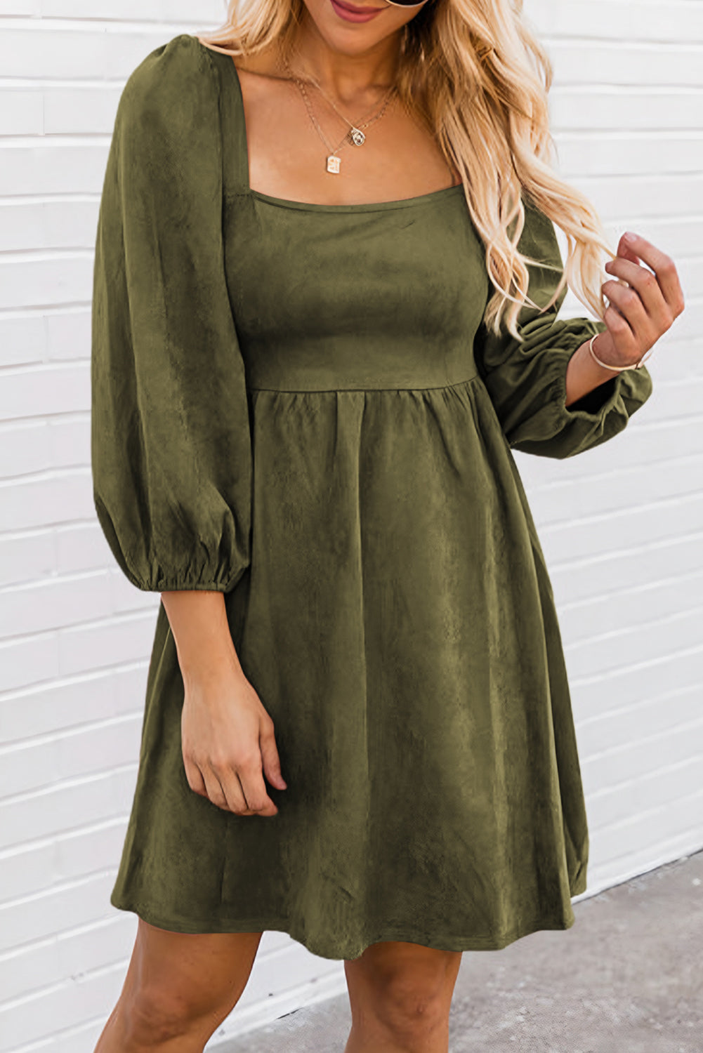Jungle Green Suede Square Neck Puff Sleeve Dress