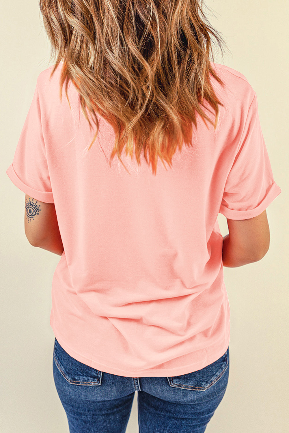 Pink Easter Rabbit Print Round Neck Casual Tee