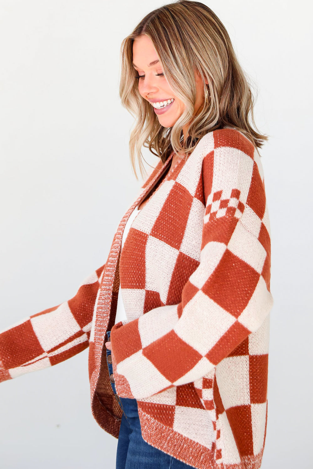 Chestnut Mix Checkered Open Front Knit Cardigan
