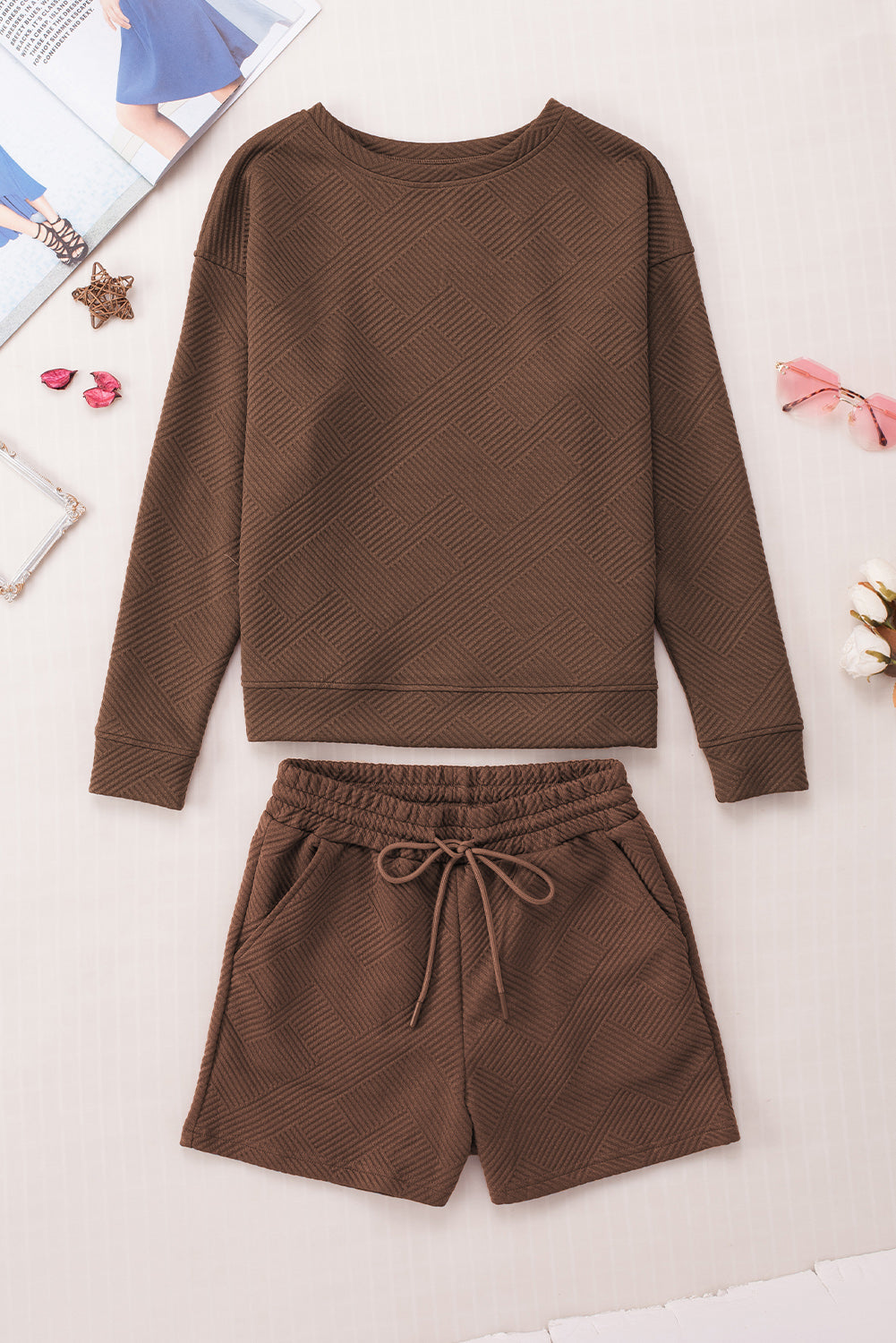 Brown Textured Long Sleeve Top and Drawstring Shorts Set