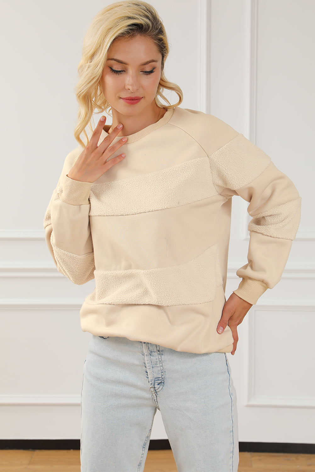 Oatmeal Contrast 2-tone Patchwork Raglan Sleeve Sweatshirt