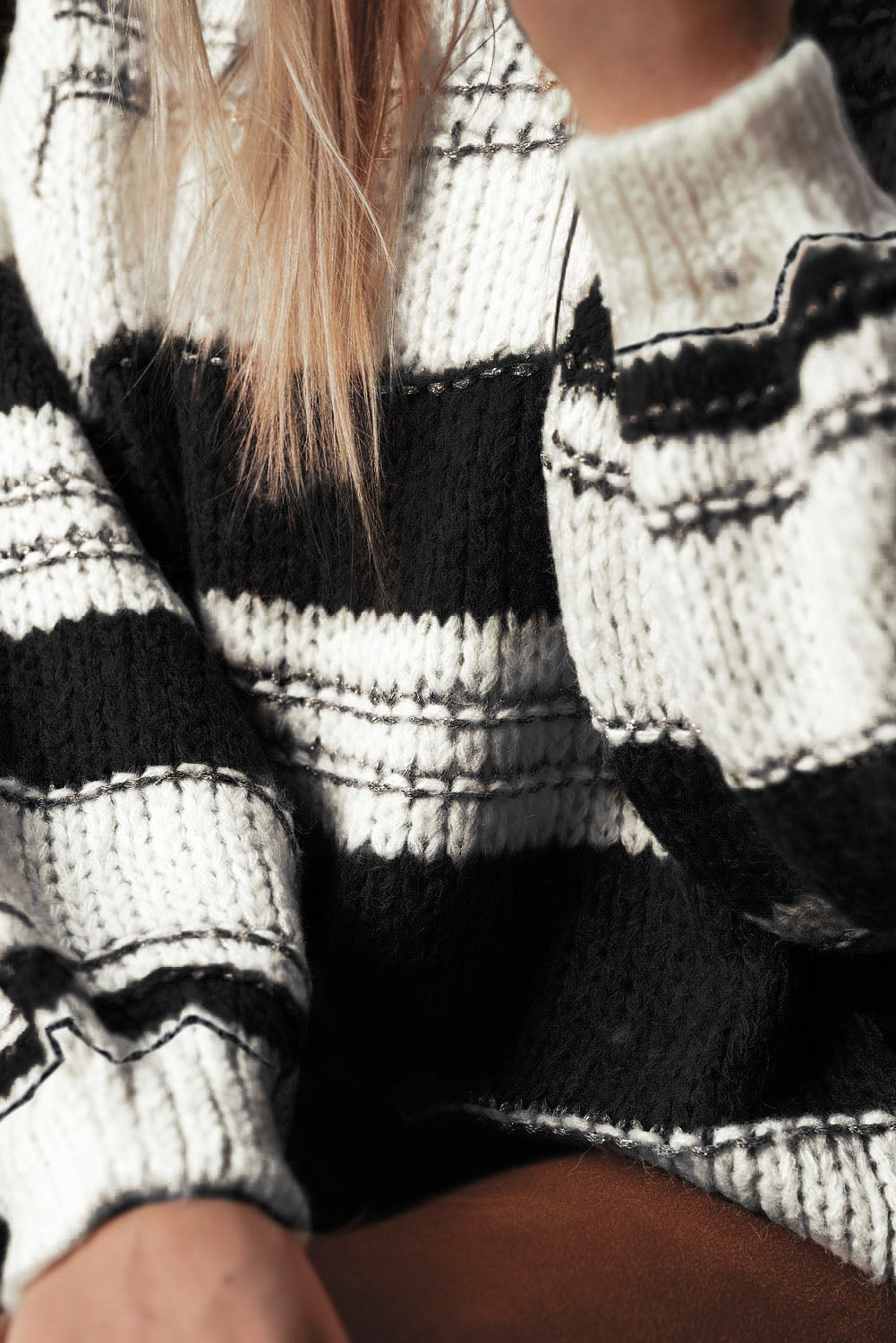 Black Stripe Striped Knit Puff Sleeve Casual Sweater