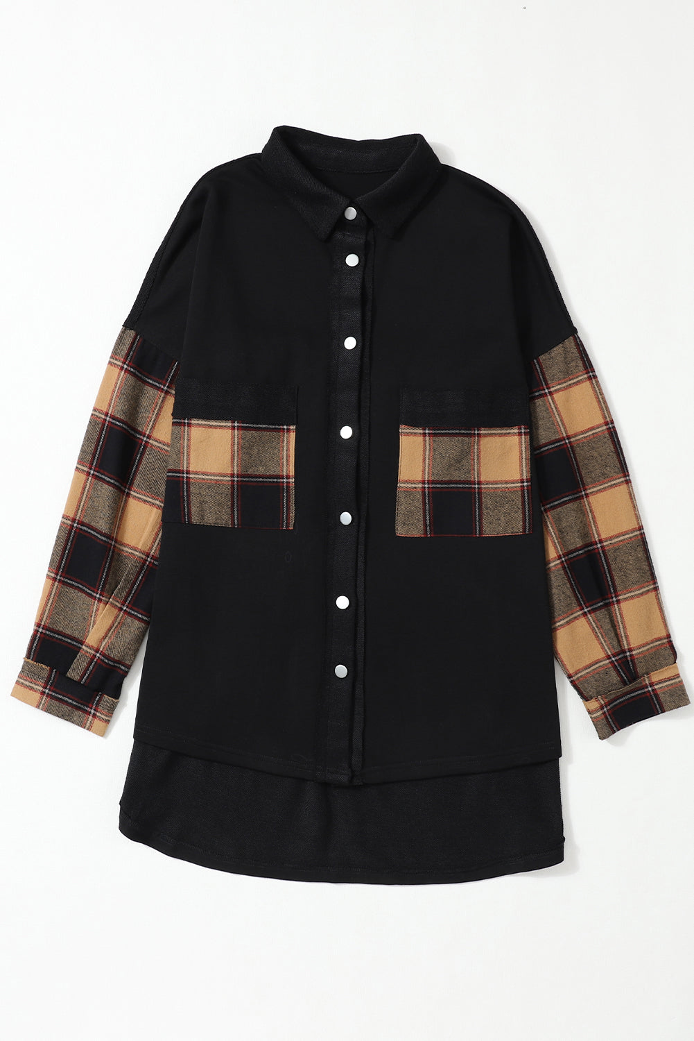 Black Plaid Patchwork Chest Pockets Oversized Shirt Jacket