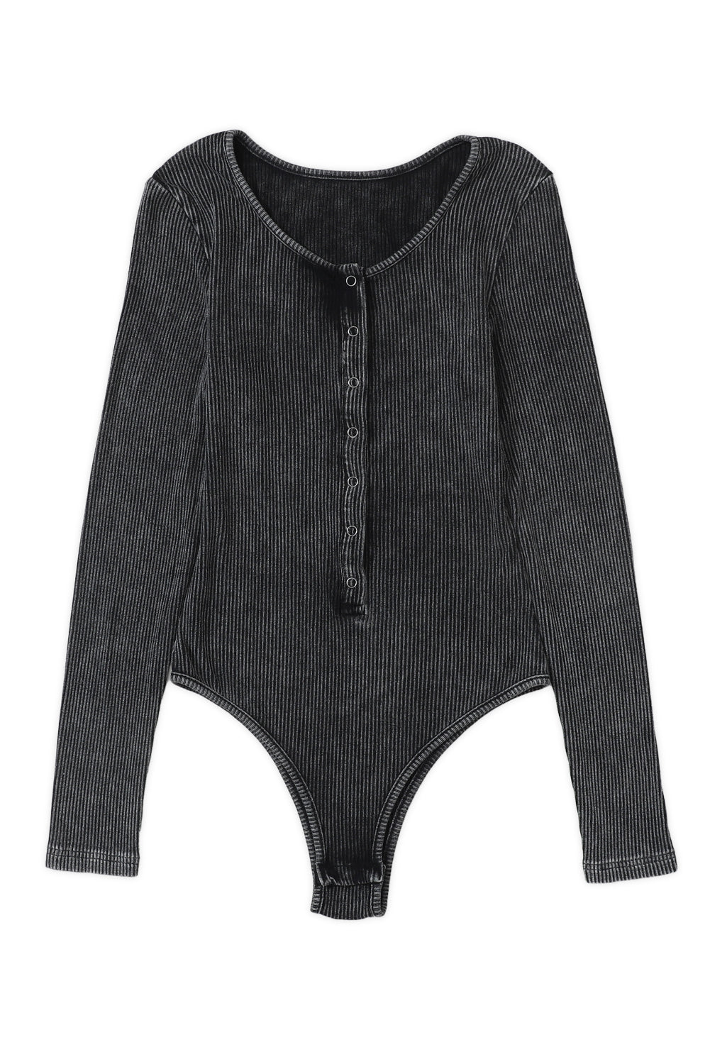 Black Mineral Wash Ribbed Snap Buttons Long Sleeve Bodysuit