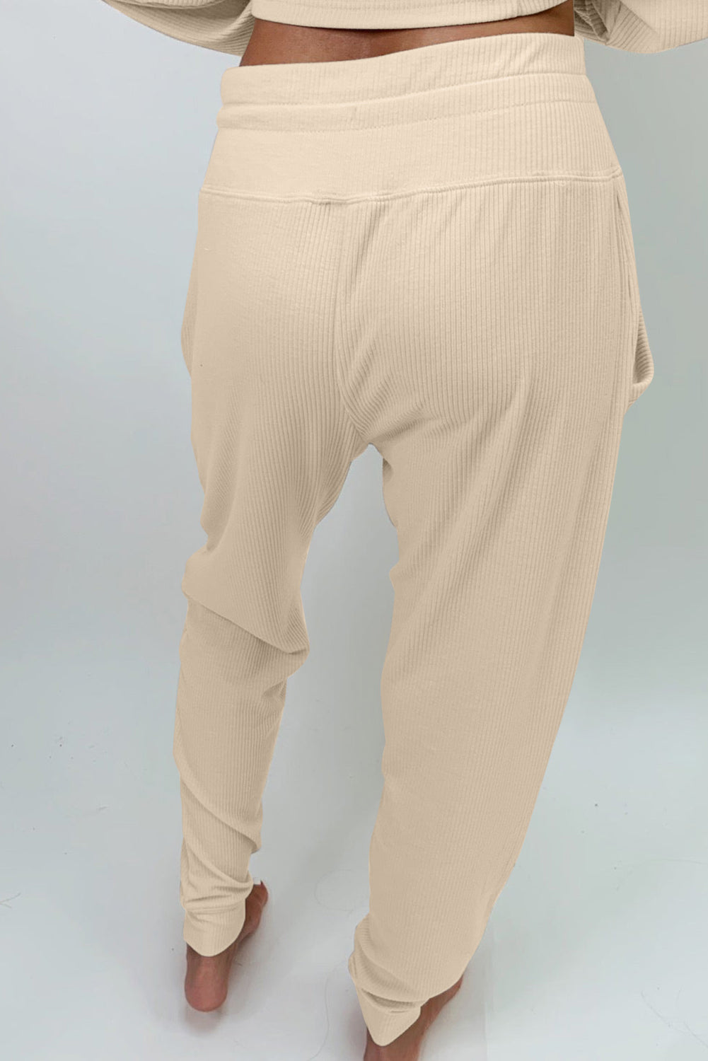 Apricot Ribbed Long Sleeve Drawstring Pants Set