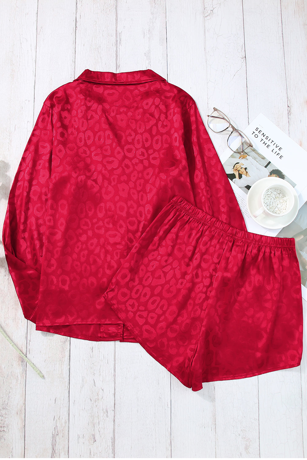 Fiery Red 2pcs Satin Leopard Long Sleeve Top and Shorts Lounge Set