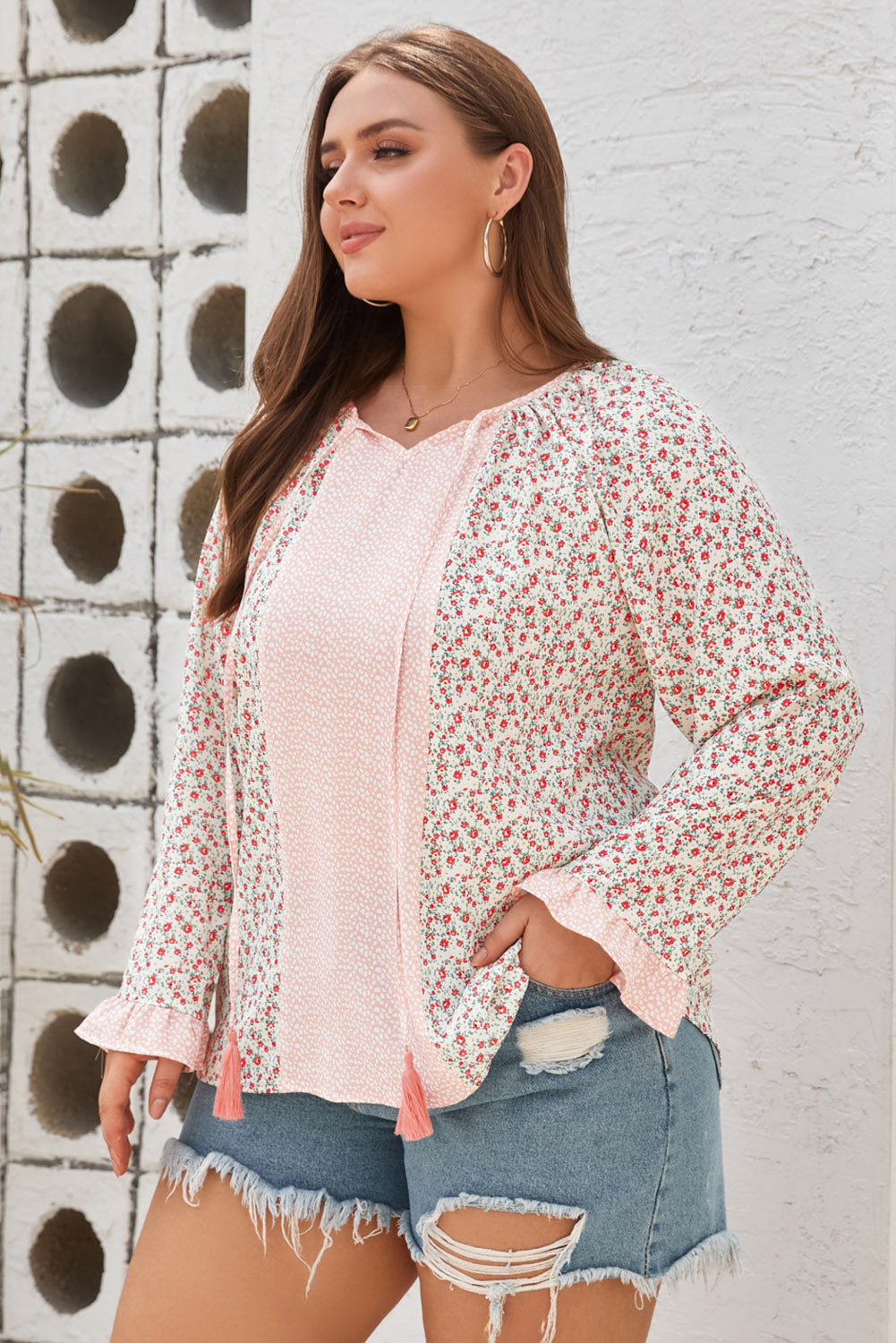 Pink Dotty Floral Patchwork Plus Size Long Sleeve Blouse