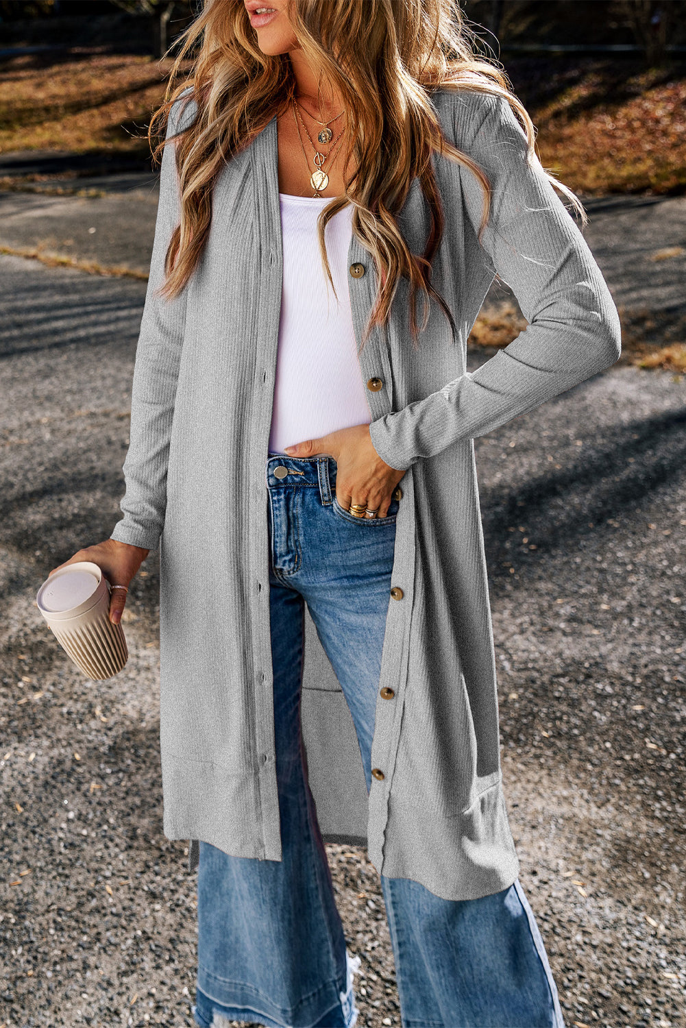 Gray Ribbed Button-Up Split Duster Cardigan