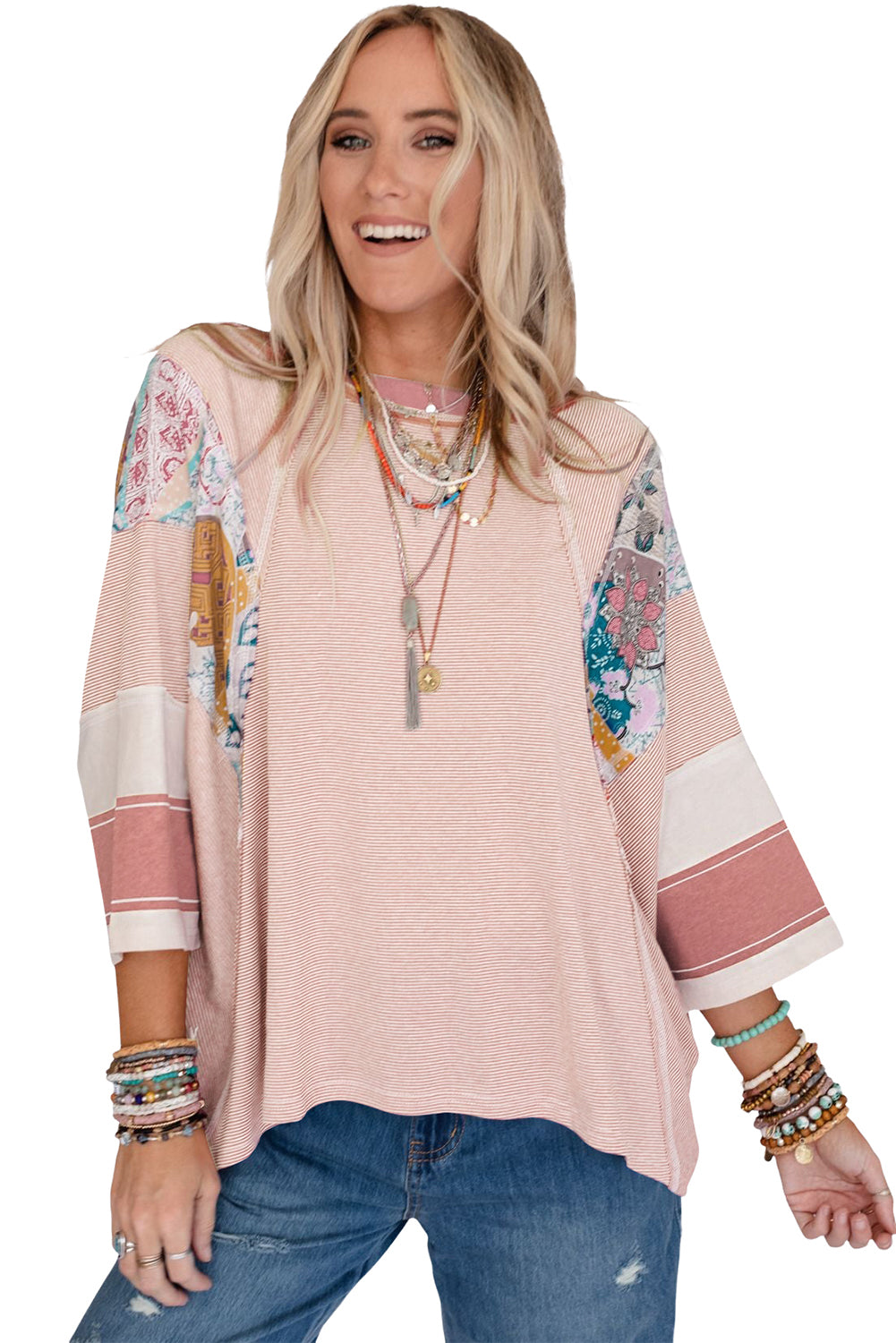 Pink Printed Pinstriped Color Block Patchwork Oversized Top