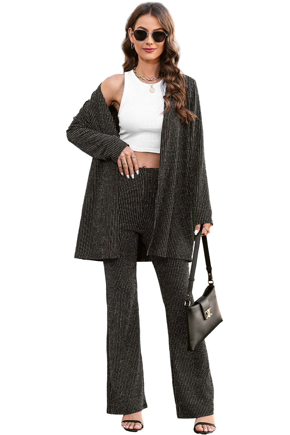 Black Metallic Ribbed Cardigan and Flare Pants Outfit