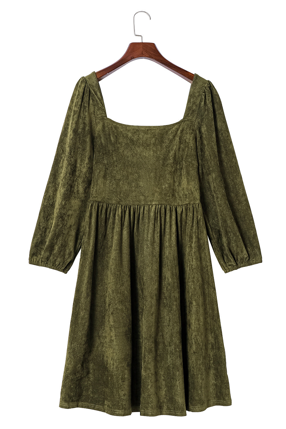 Jungle Green Suede Square Neck Puff Sleeve Dress