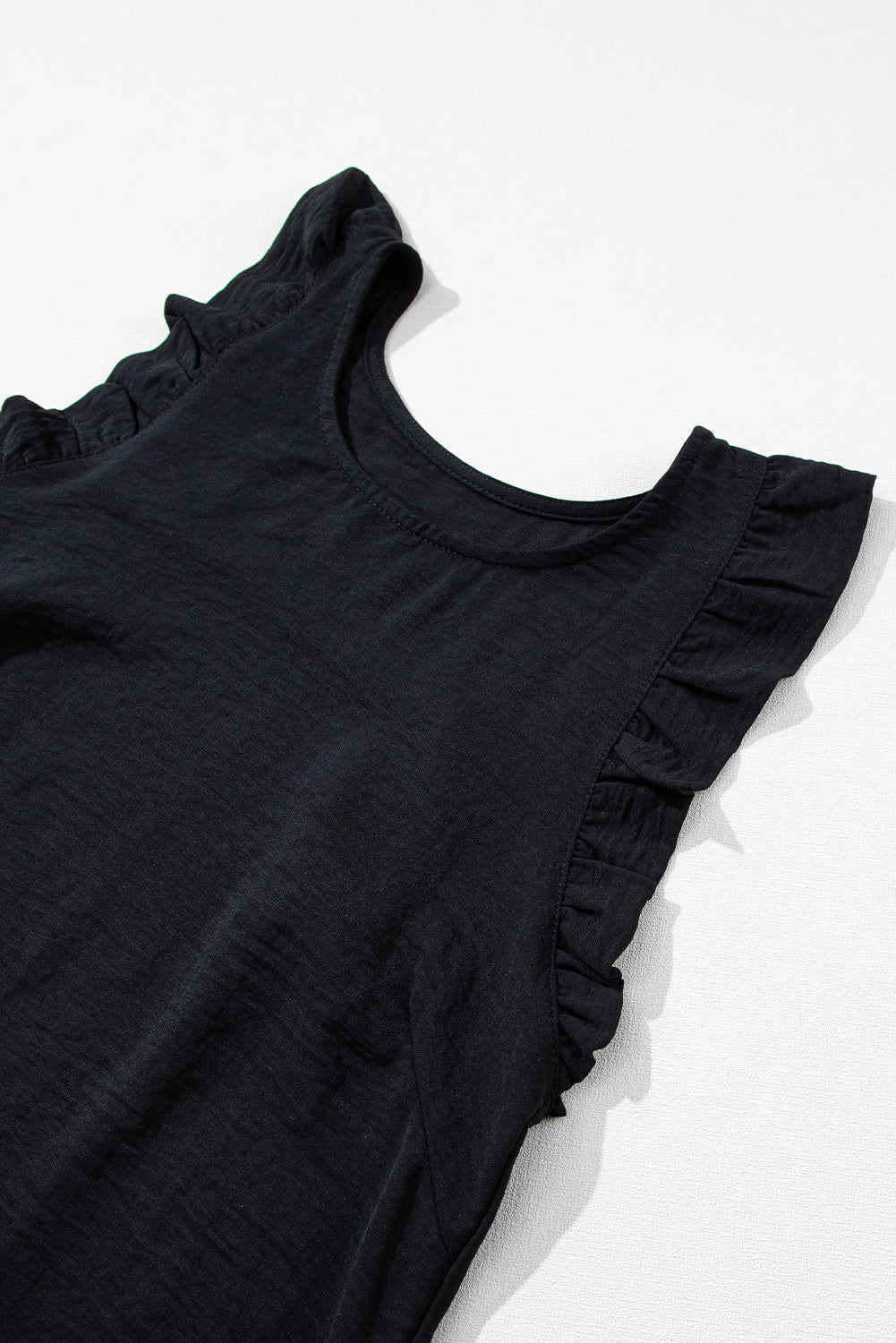 Black Solid Color Ruffled Sleeveless Shift Mini Dress