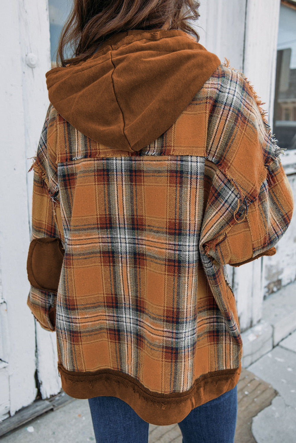 Chestnut Plaid Patch Hooded Frayed Snap Button Jacket