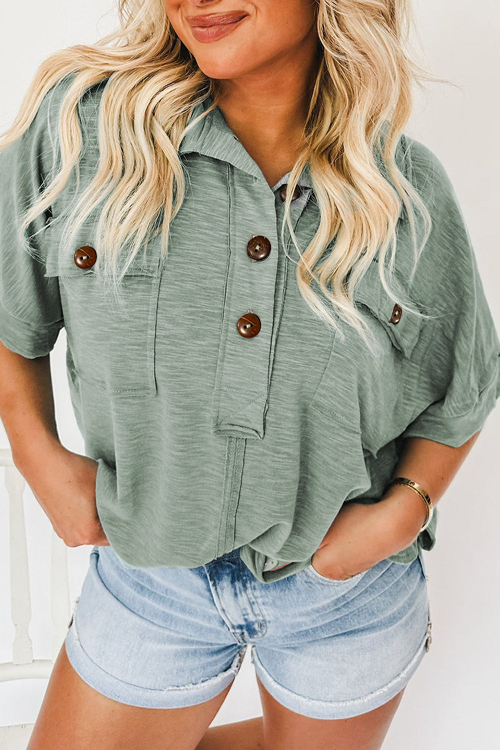 Moonlight Jade Chest Pockets Half Buttoned Collared Blouse