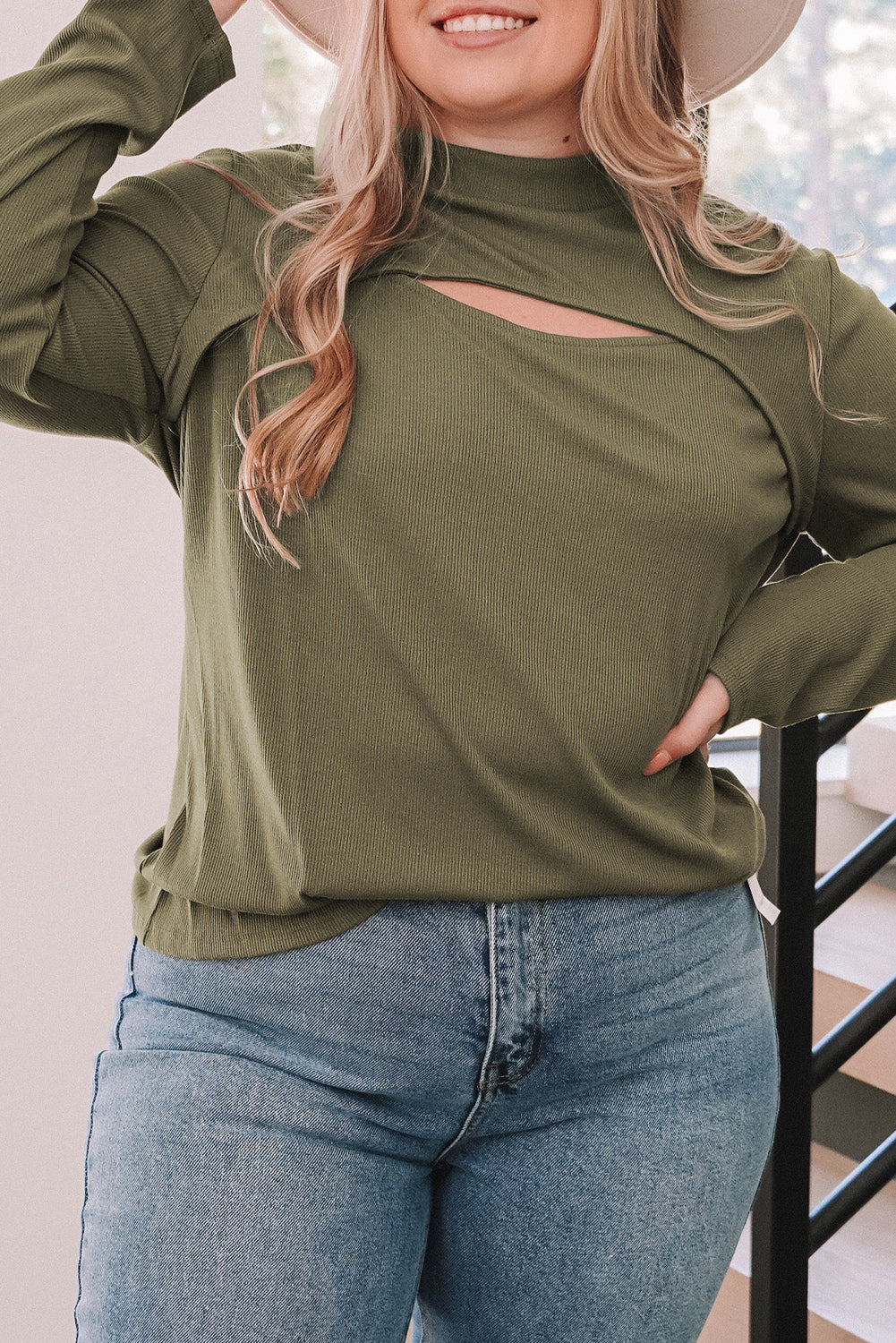 Green Plus Size Ribbed Mock Neck Peek-A-Boo Cut Out Top
