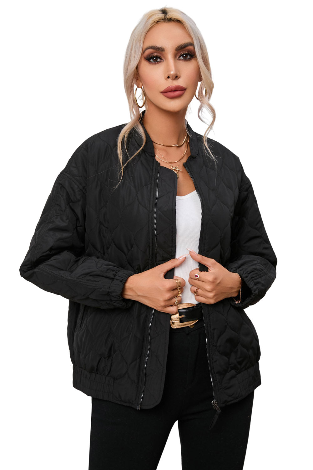 Black Solid Color Quilted Zip Up Puffer Jacket
