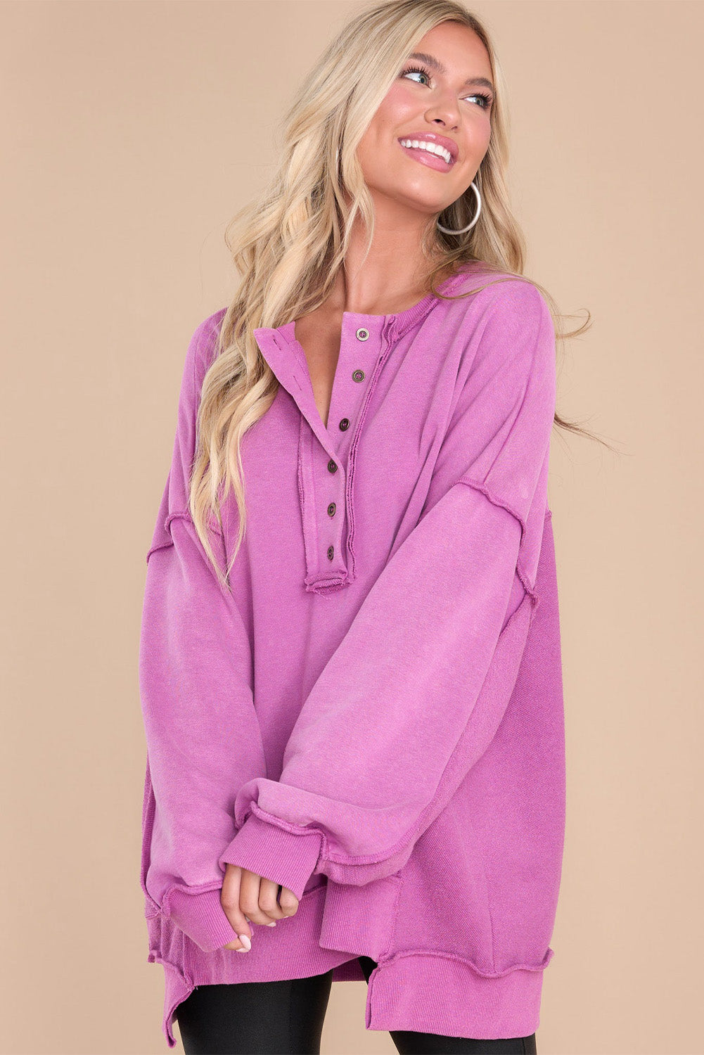 Purple Oversized Exposed Seam Henley Sweatshirt