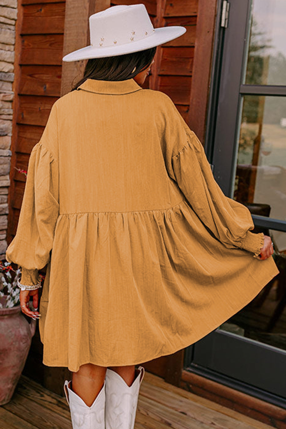 Light French Beige Loose Bishop Sleeve Shirt Dress