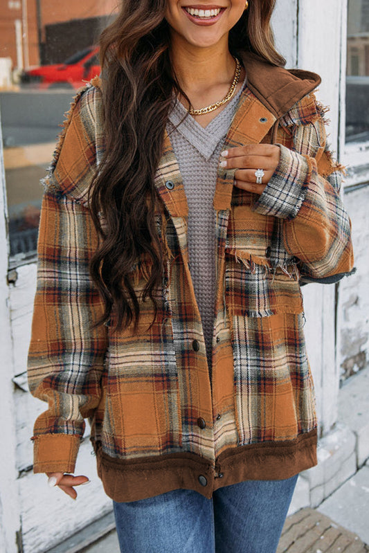 Chestnut Plaid Patch Hooded Frayed Snap Button Jacket