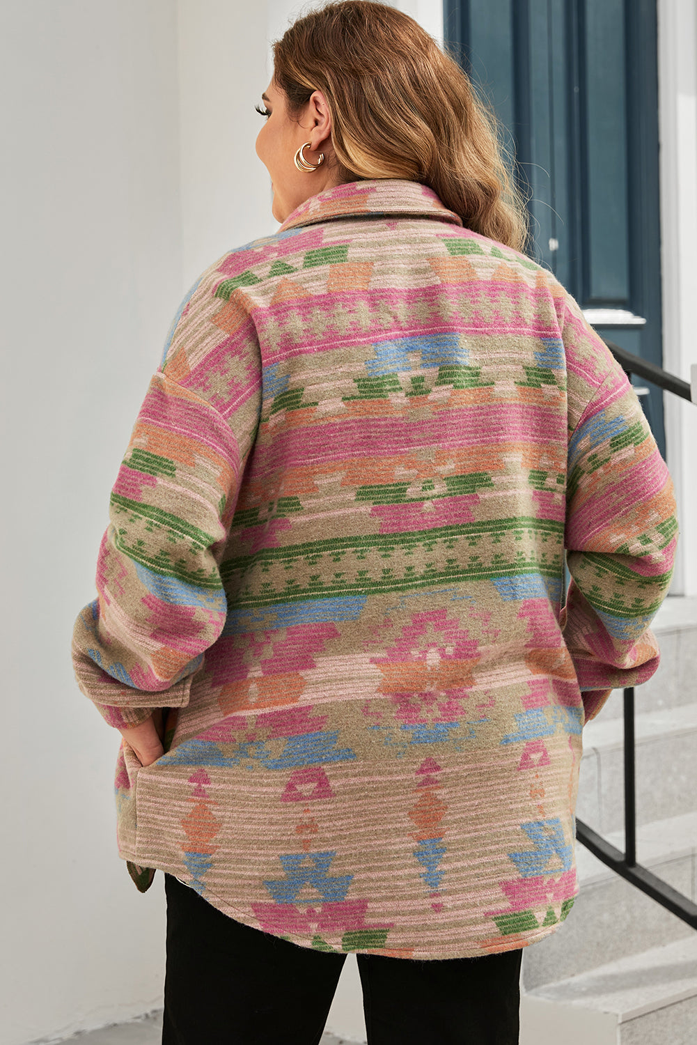 Multicolor Plus Size Flap Pockets Aztec Print Jacket