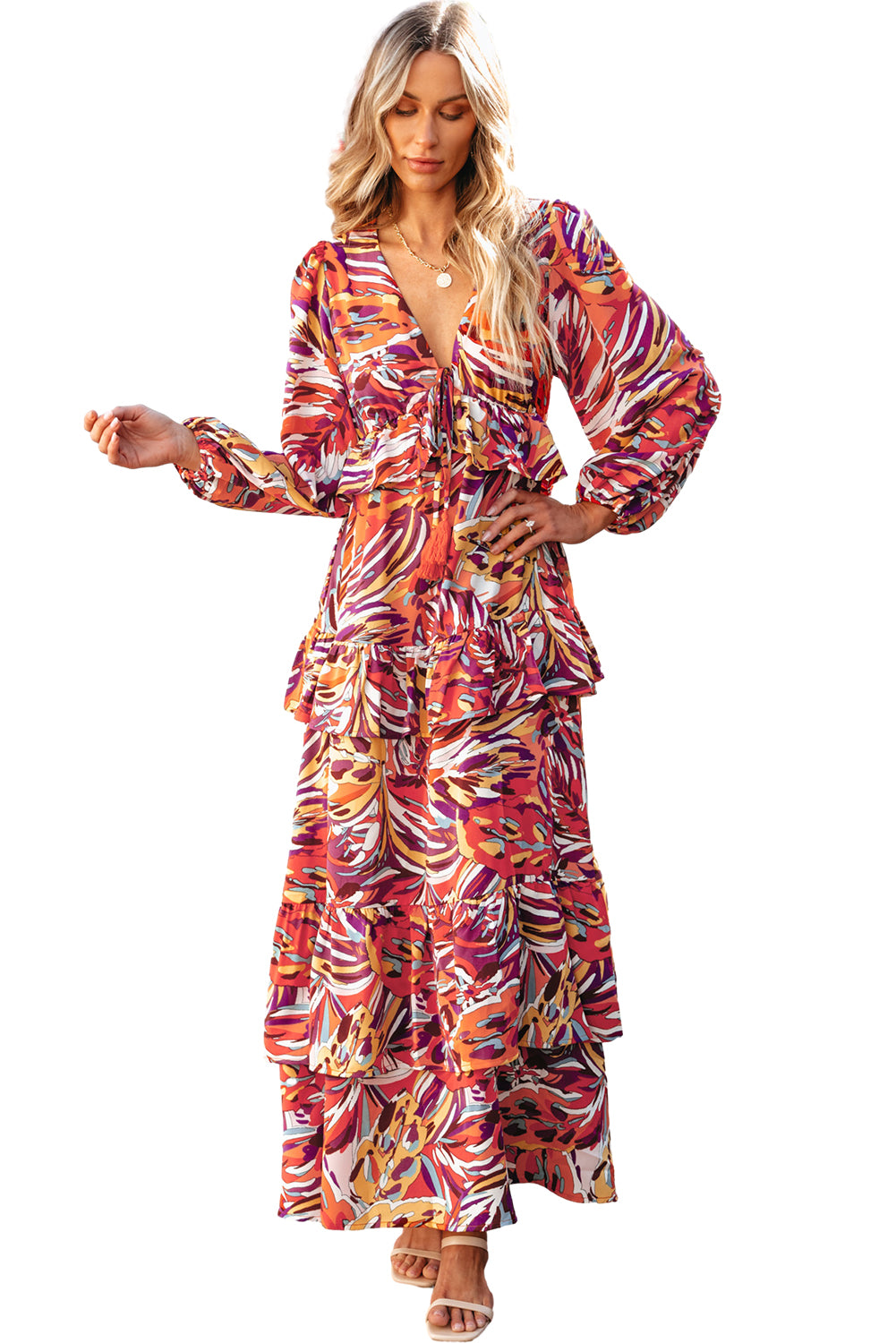 Multicolour Abstract Print Ruffle Tiered Puff Sleeve Maxi Dress