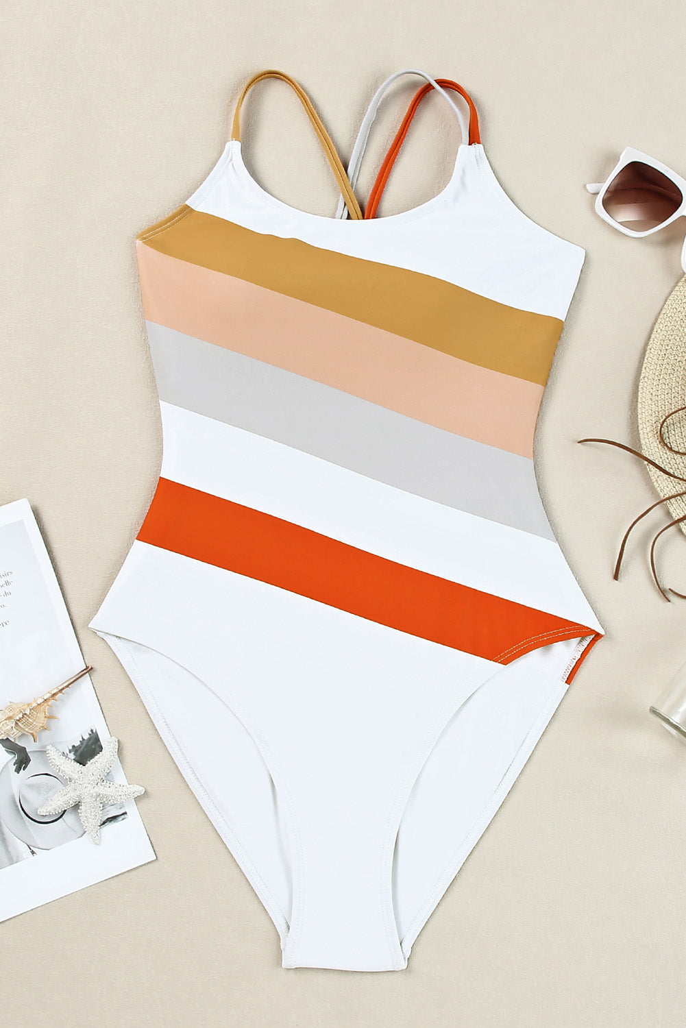 Multicolor Striped Criss Cross Backless One-piece Swimwear