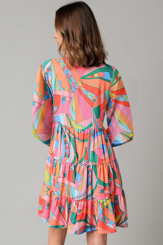 Multicolor Geometric Print Split Neck Ruffle Tiered Mini Dress