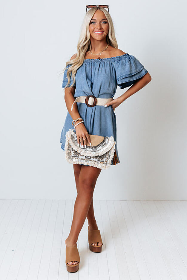 Sky Blue Off-shoulder Ruffle Sleeves Chambray Dress