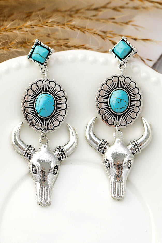 Silver Turquoise Gem Stone Flower Steer Head Boho Earrings